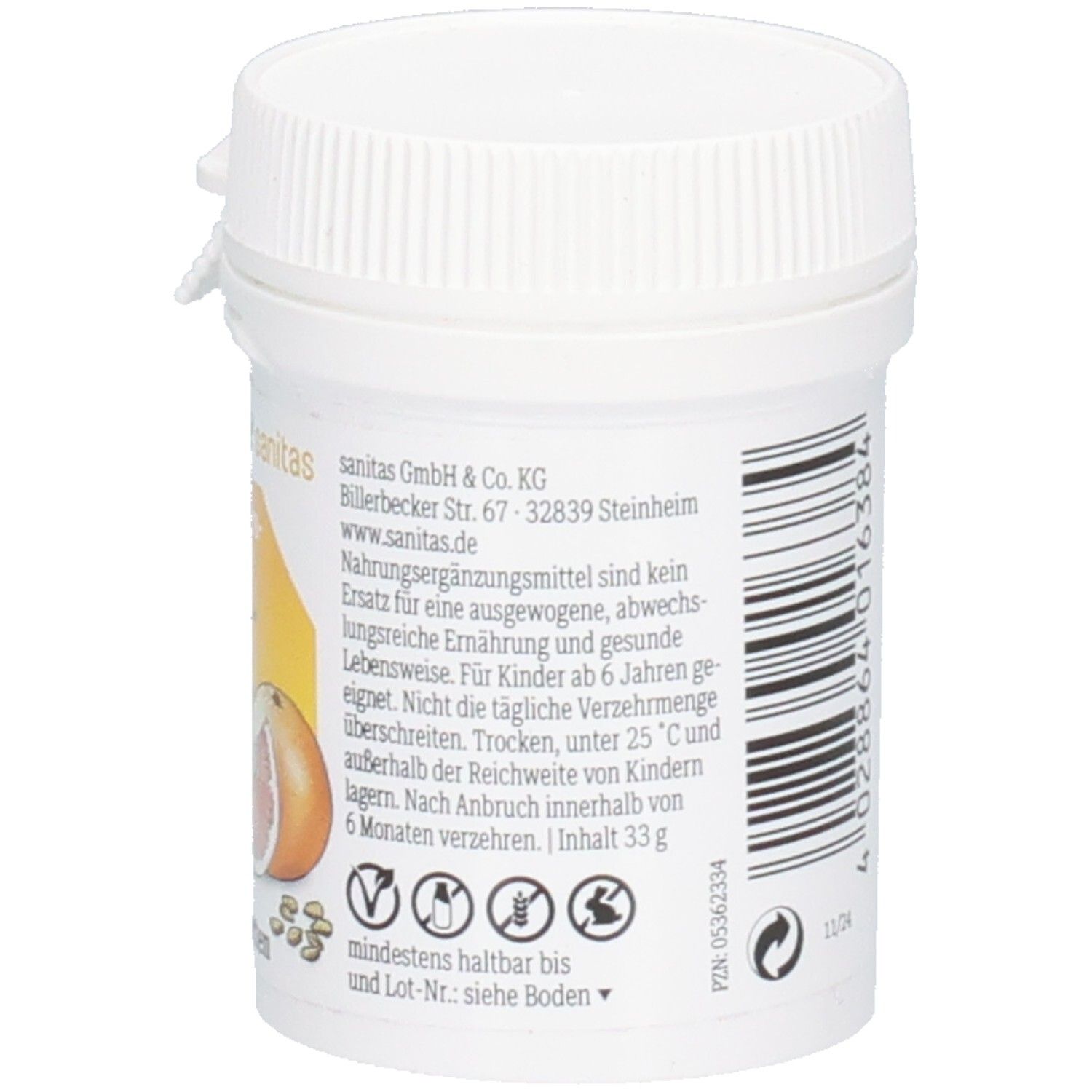 Weißes Tabletten-Behältnis mit Deckel. Barcode und Text. Aufschrift: Bio-Grapefruitkern-Extrakt, Sanitas. Inhalt: 33g.