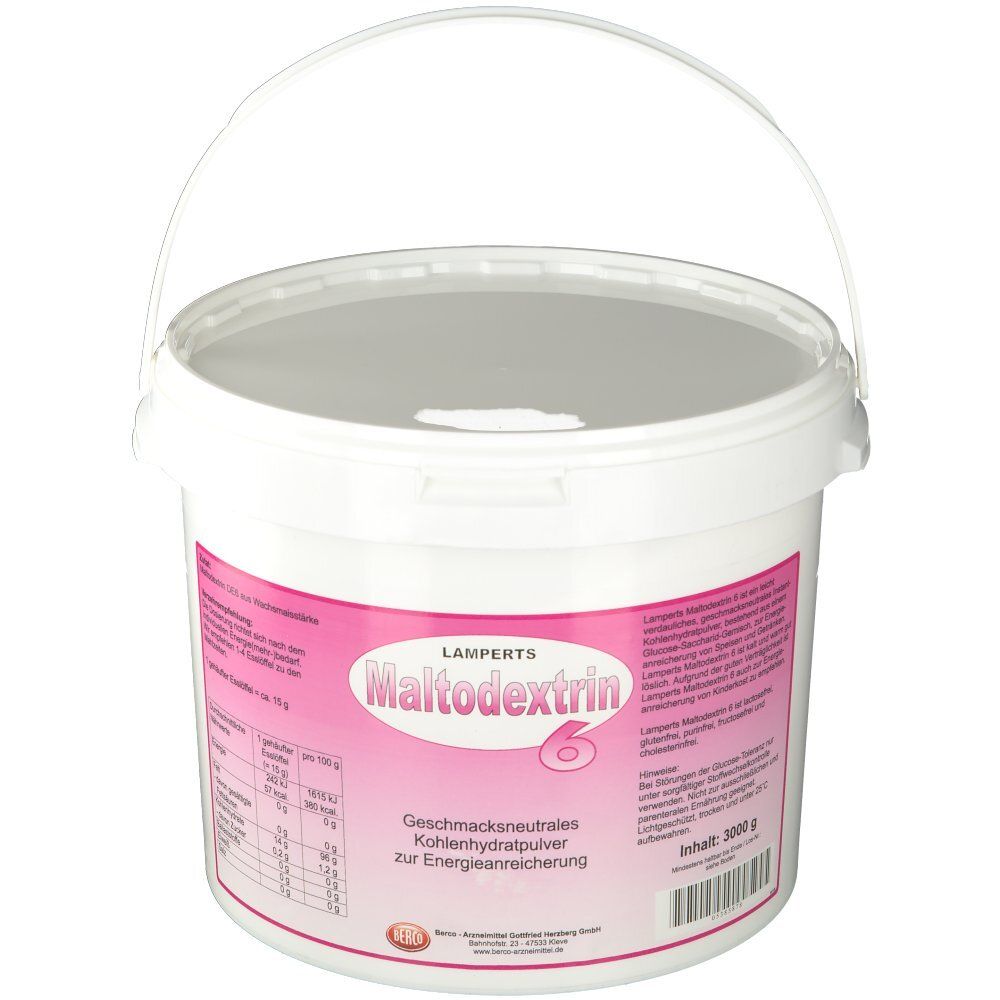 Seau blanc avec couvercle et poignée. Autocollant avec informations sur le produit et l'inscription "Maltodextrin 6 Lamperts Berco".