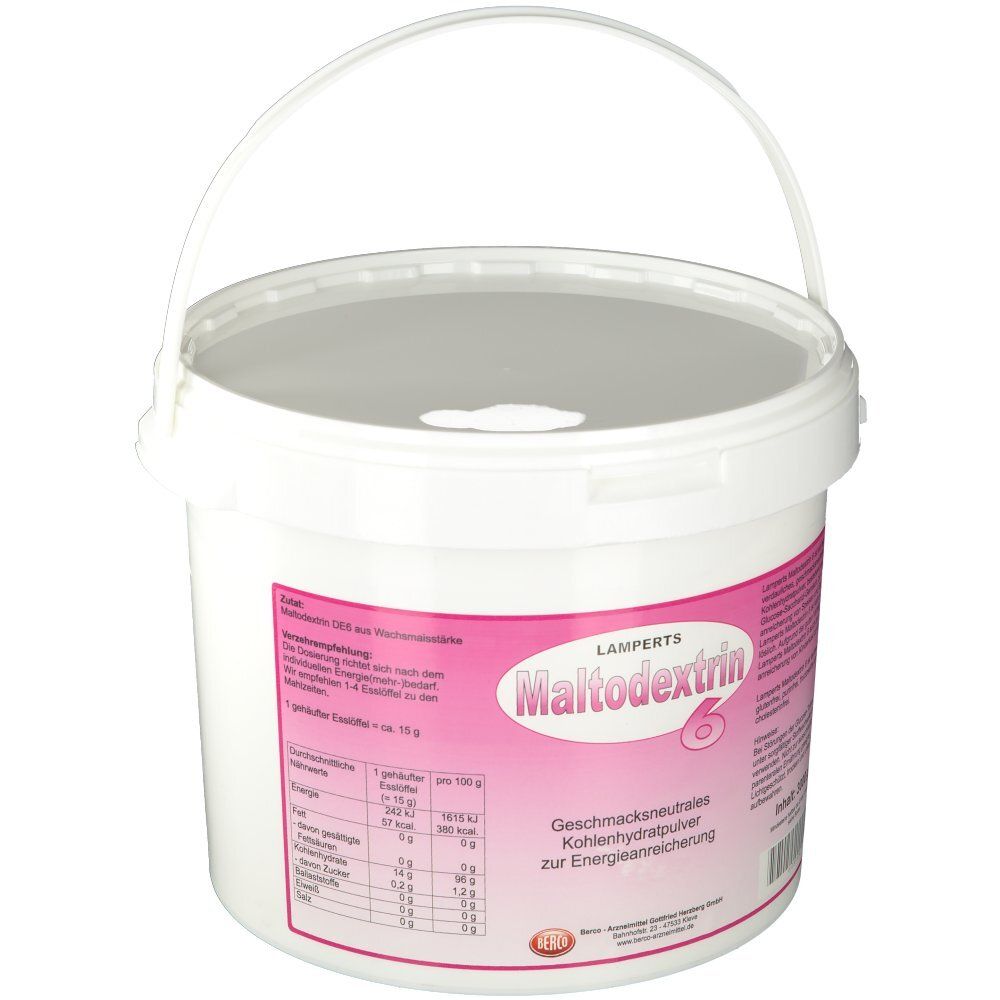 Seau blanc avec couvercle et poignée. Autocollant avec informations sur le produit et l'inscription "Maltodextrin 6 Lamperts Berco".