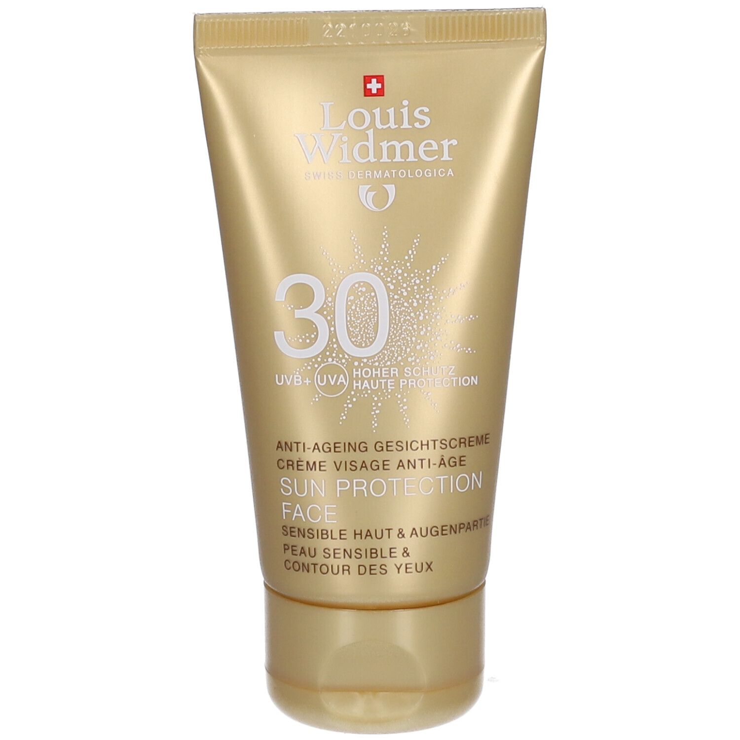 Tube doré avec texte blanc. Inscription: 30, UVB+UVA, haute protection. Nom: Sun Protection Face. Pour peau sensible.