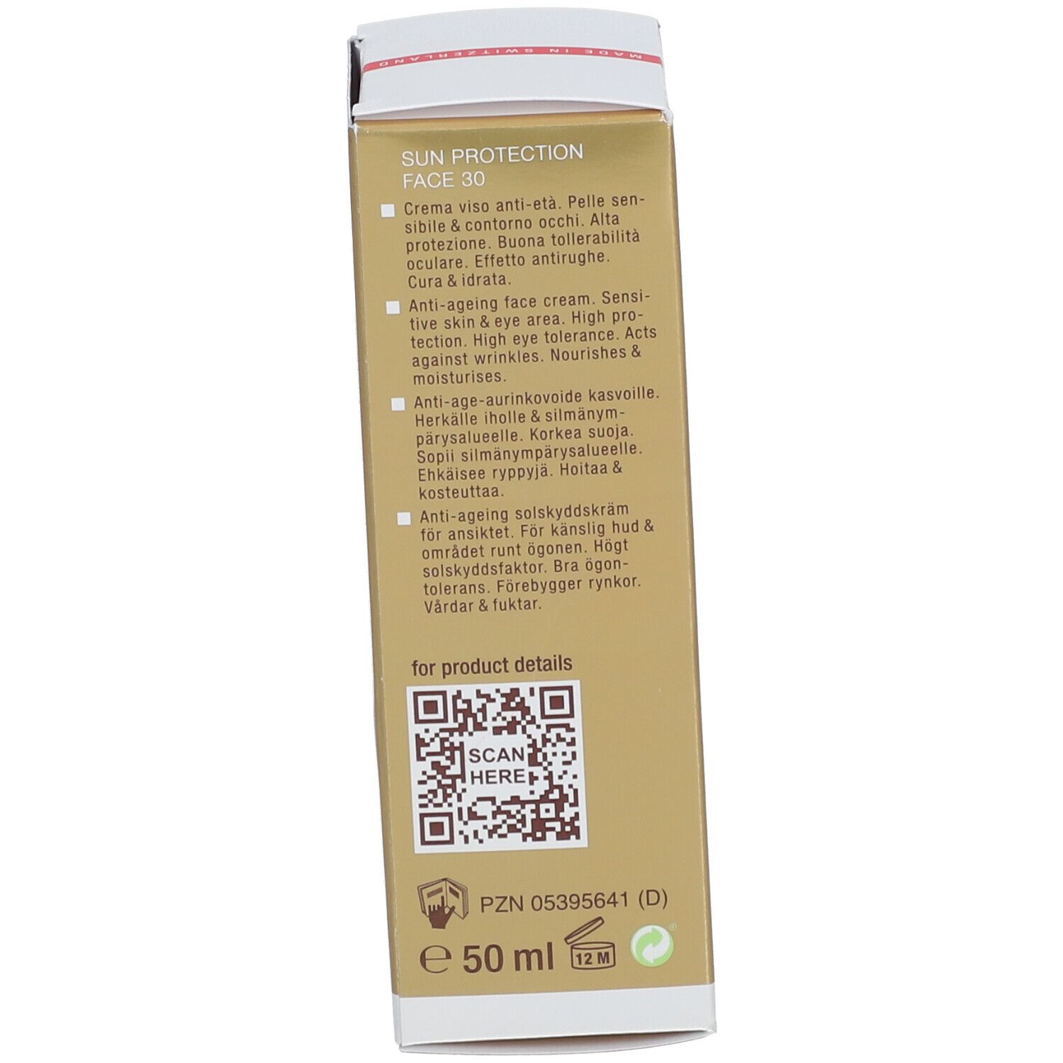 Dos de l'emballage. Texte en plusieurs langues. Informations, ingrédients, adresse du fabricant et logos.