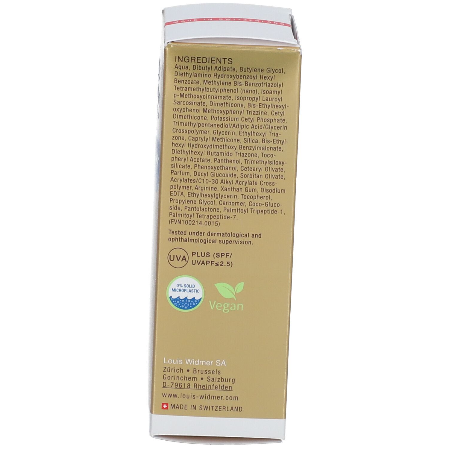 Côté de l'emballage. Liste des ingrédients, logos et certifications. Vegan et 0% microplastique.