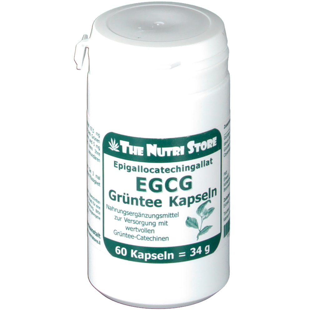 Boîte blanche avec couvercle. Inscription : EGCG Grüntee Kapseln, 60 gélules. Marque : The Nutri Store.