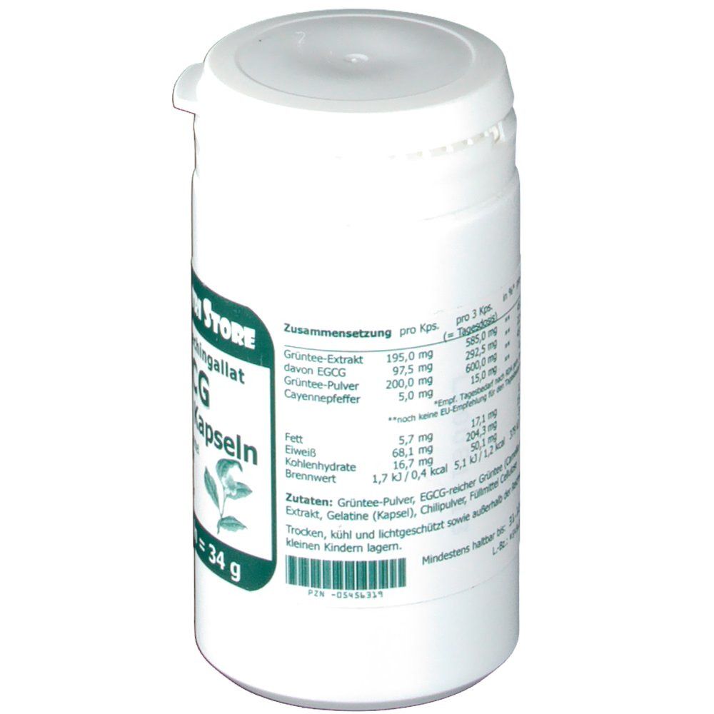 Boîte blanche avec couvercle. Inscription : EGCG Grüntee Kapseln. Liste des ingrédients et informations nutritionnelles. Marque : The Nutri Store.