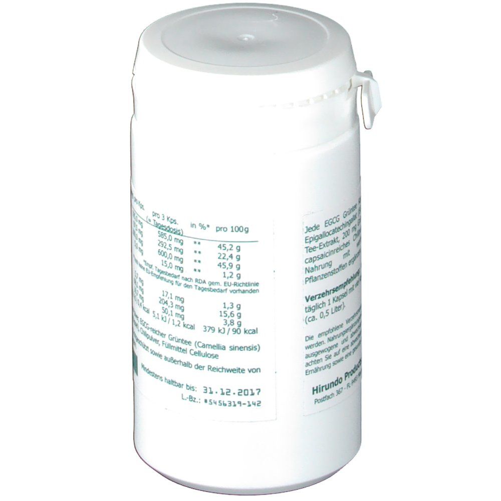 Boîte blanche avec couvercle. Inscription : EGCG Grüntee Kapseln. Liste des ingrédients et informations nutritionnelles. Marque : The Nutri Store.