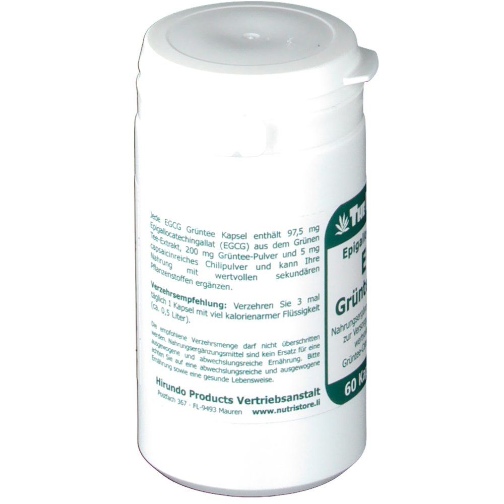 Boîte blanche avec couvercle. Inscription : EGCG Grüntee Kapseln. Recommandations posologiques. Marque : The Nutri Store.