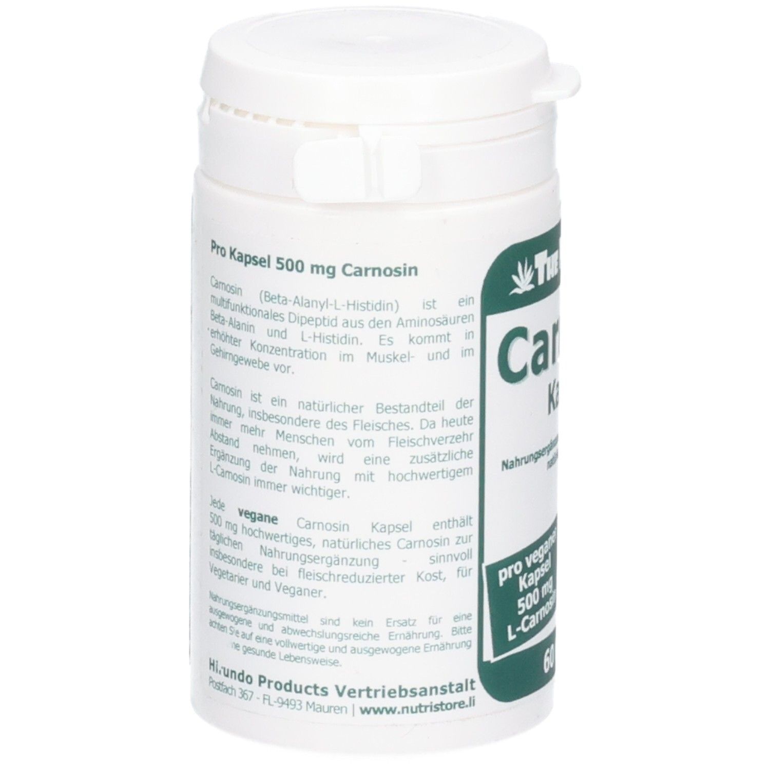 Weiße Flasche mit Drehverschluss. Aufschrift: Carnosin 500 mg. Text in deutscher Sprache.
