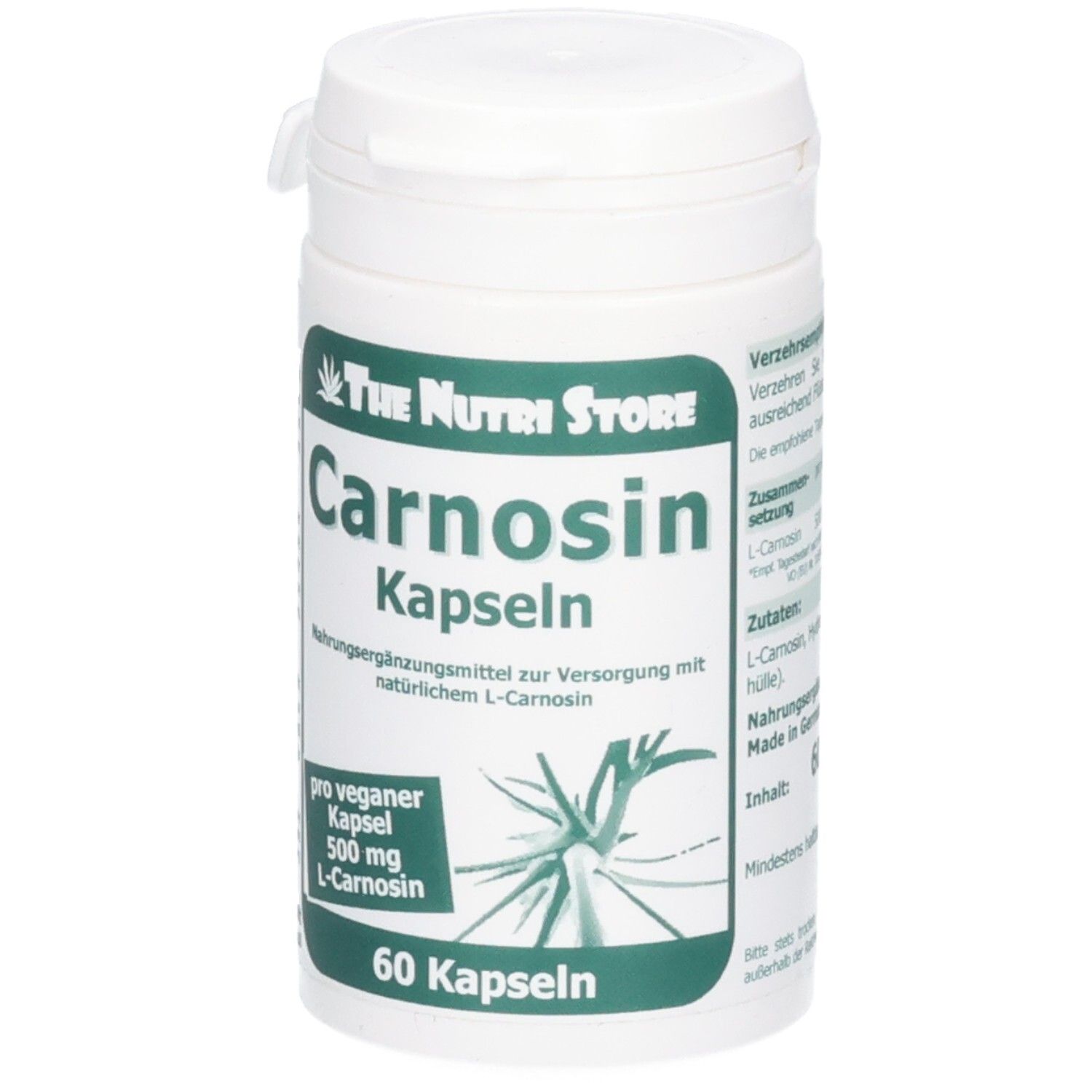 Weiße Flasche mit Drehverschluss. Aufschrift: Carnosin Kapseln, 60 Kapseln. Logo The Nutri Store.