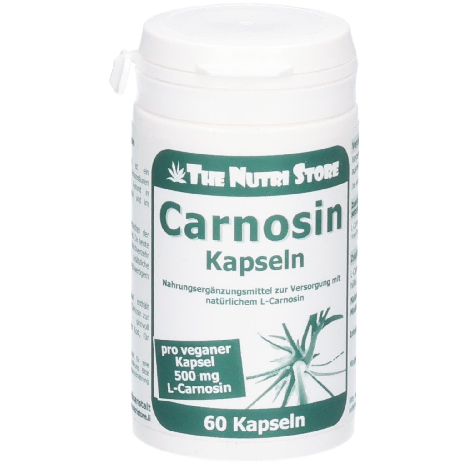 Weiße Flasche mit Drehverschluss. Aufschrift: Carnosin Kapseln, 60 Kapseln. Logo The Nutri Store.
