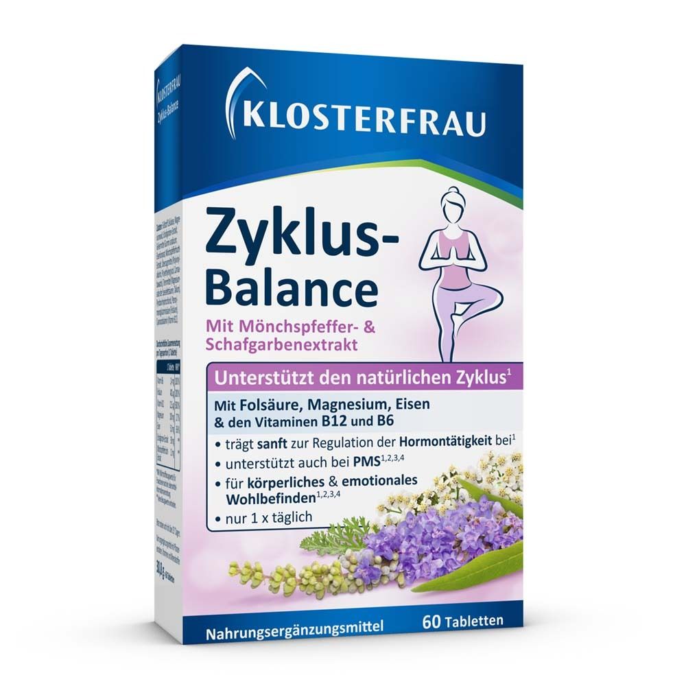 KLOSTERFRAU Zyklus-Balance. Boîte de 60 comprimés. Contient extrait d'Agnus castus et achillée millefeuille. Complément alimentaire.