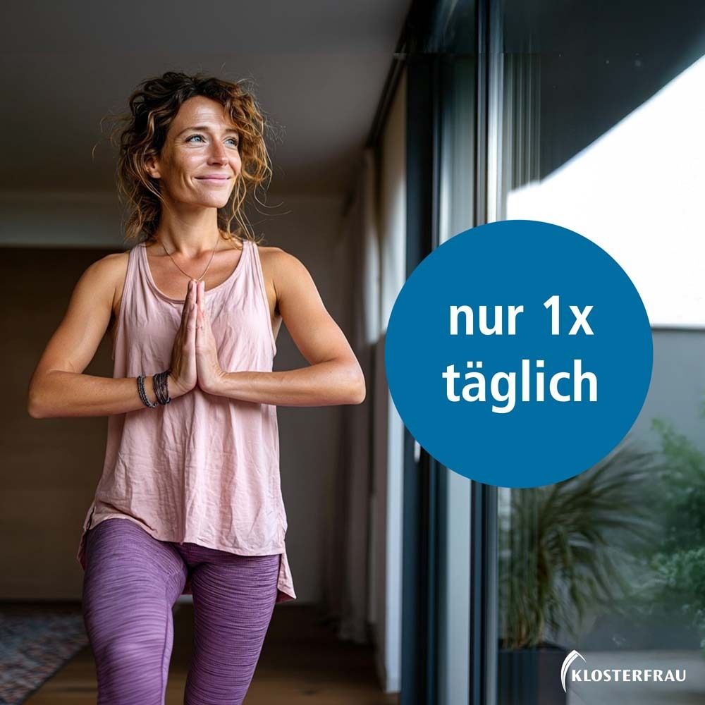 Femme en posture de yoga. Texte : seulement 1x par jour. Marque KLOSTERFRAU.