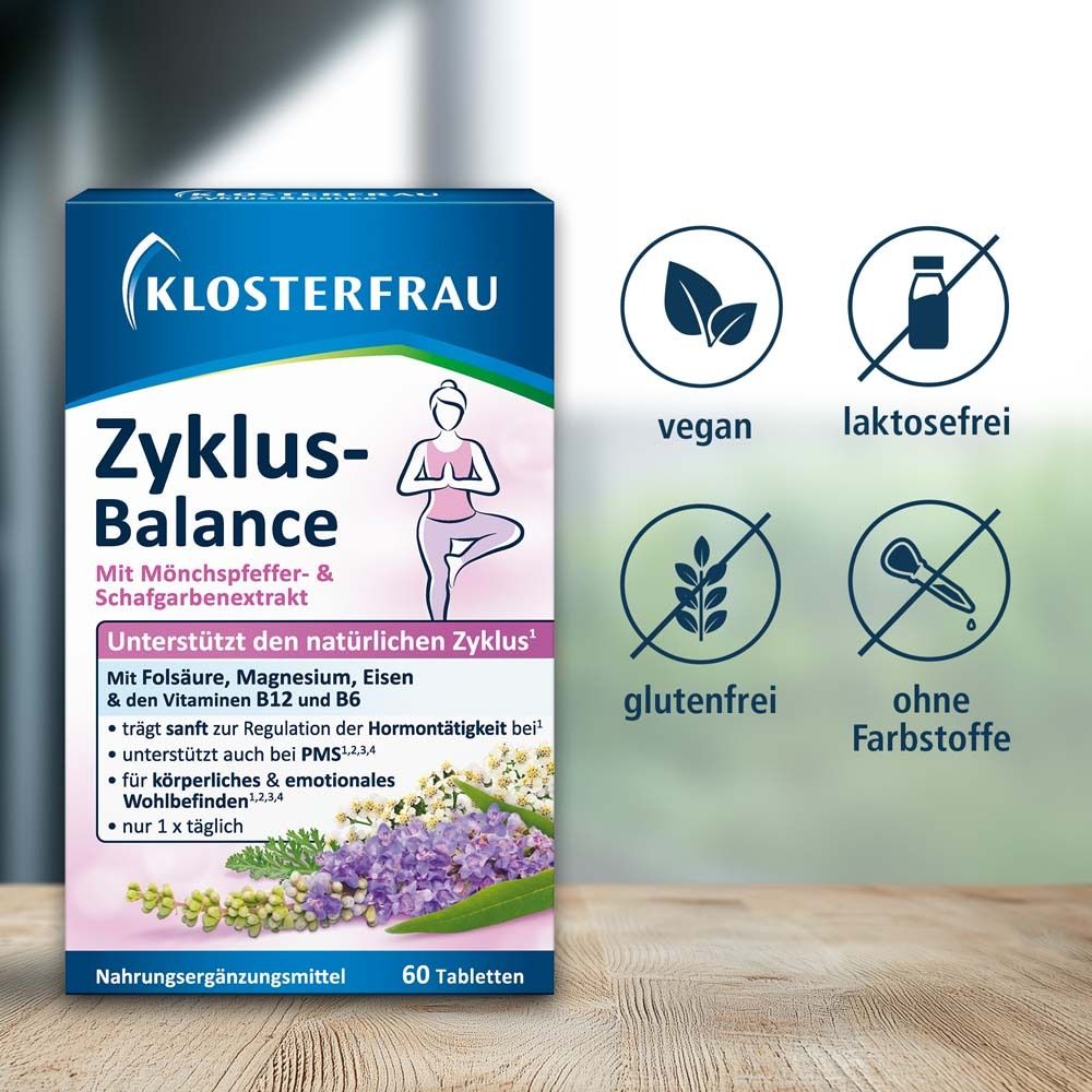 Boîte KLOSTERFRAU Zyklus-Balance. Végétalien, sans lactose, sans gluten, sans colorants. 60 comprimés.
