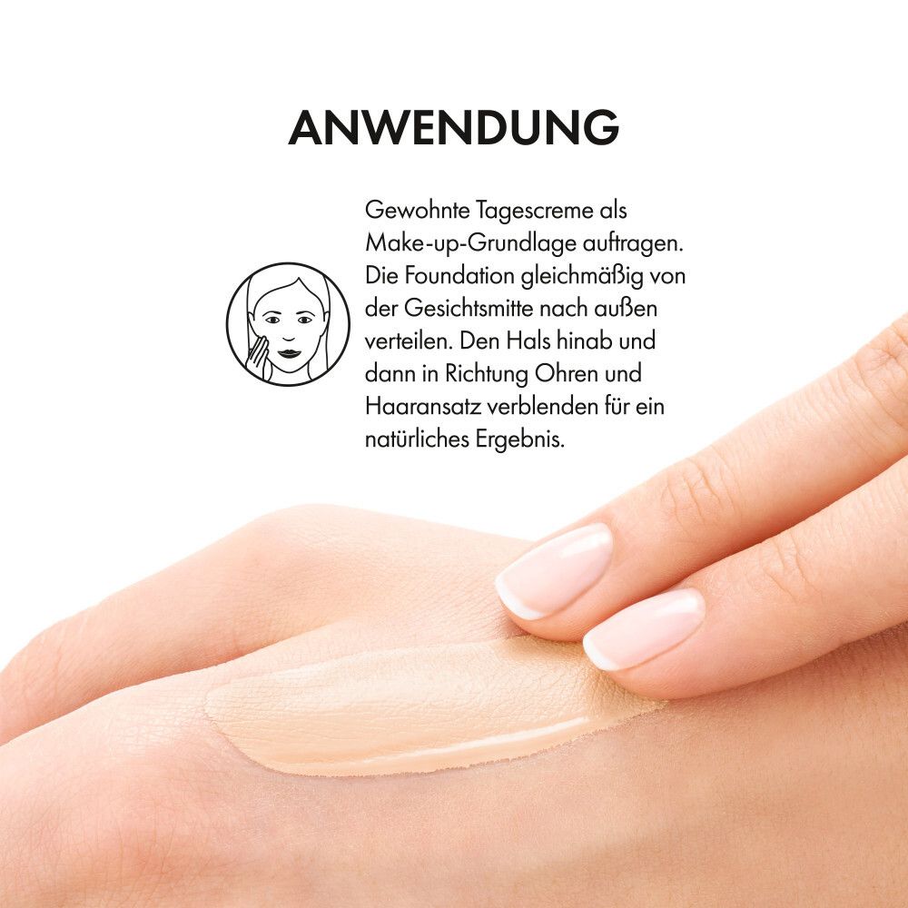 Hand mit Foundation-Auftrag. Text: Anwendung. Gesicht von innen nach außen verteilen.