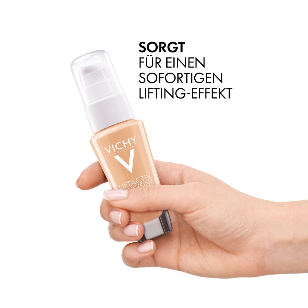 Hand hält Vichy Liftactiv Flexilift Teint. Text: Sorgt für einen sofortigen Lifting-Effekt.