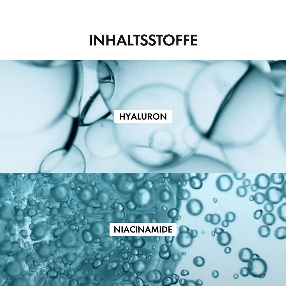 Nahaufnahme von Wasserblasen. Text: Hyaluron und Niacinamid.