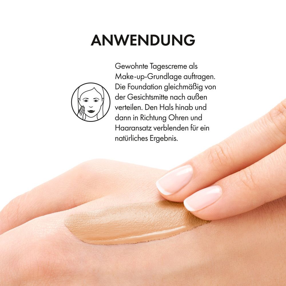 Hand mit Foundation-Ausstrich. Text: Anwendung. Gesicht von innen nach außen verteilen.