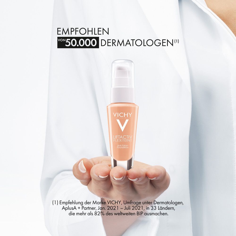 Vichy Liftactiv Flexilift Teint 55 Bronze. Fond de teint dans la main. Texte: Recommandé par 50 000 dermatologues.