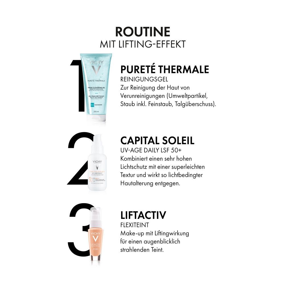 Routine avec effet lifting. Produits: Gel nettoyant, UV-Age Daily SPF 50+, Liftactiv Flexilift Teint.