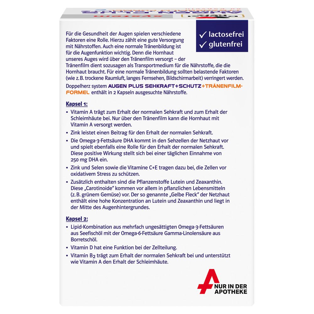 Dos de la boîte Doppelherz® system AUGEN PLUS. Informations sur les ingrédients et les valeurs nutritionnelles. Sans lactose et sans gluten.