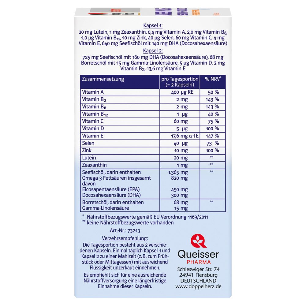 Côté de la boîte Doppelherz® system AUGEN PLUS. Liste des ingrédients et tableau nutritionnel. Queisser Pharma.