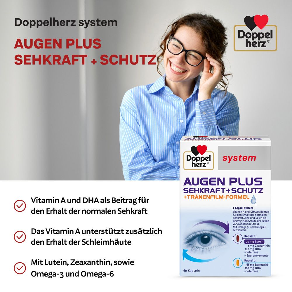 Femme avec des lunettes et boîte Doppelherz® system AUGEN PLUS. Informations et avantages du produit.
