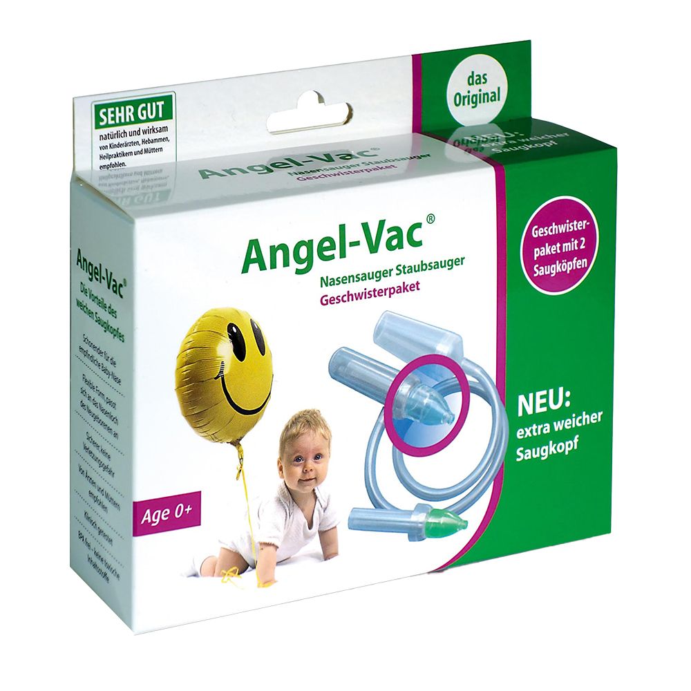 Emballage Angel-Vac Nasensauger Geschwister Paket. Deux embouts inclus. Illustration bébé et ballon.