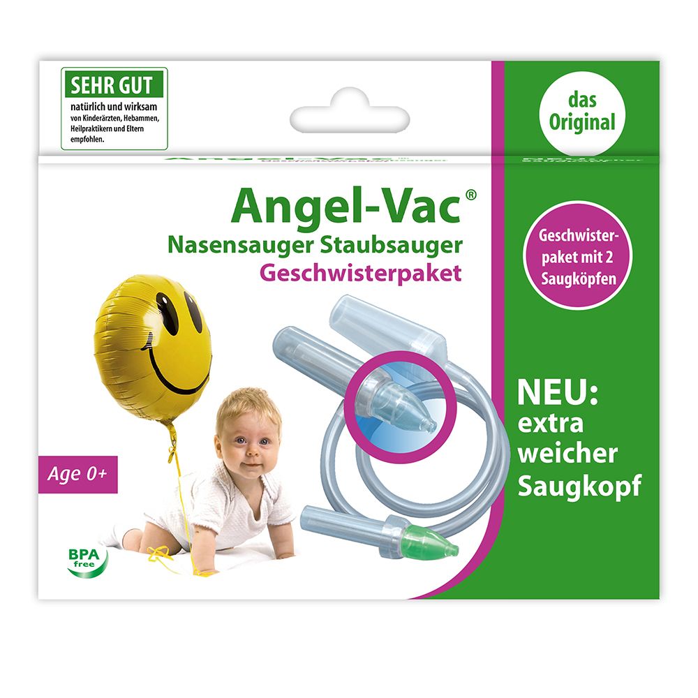 Emballage Angel-Vac Nasensauger Geschwister Paket. Deux embouts, illustration bébé, ballon jaune.