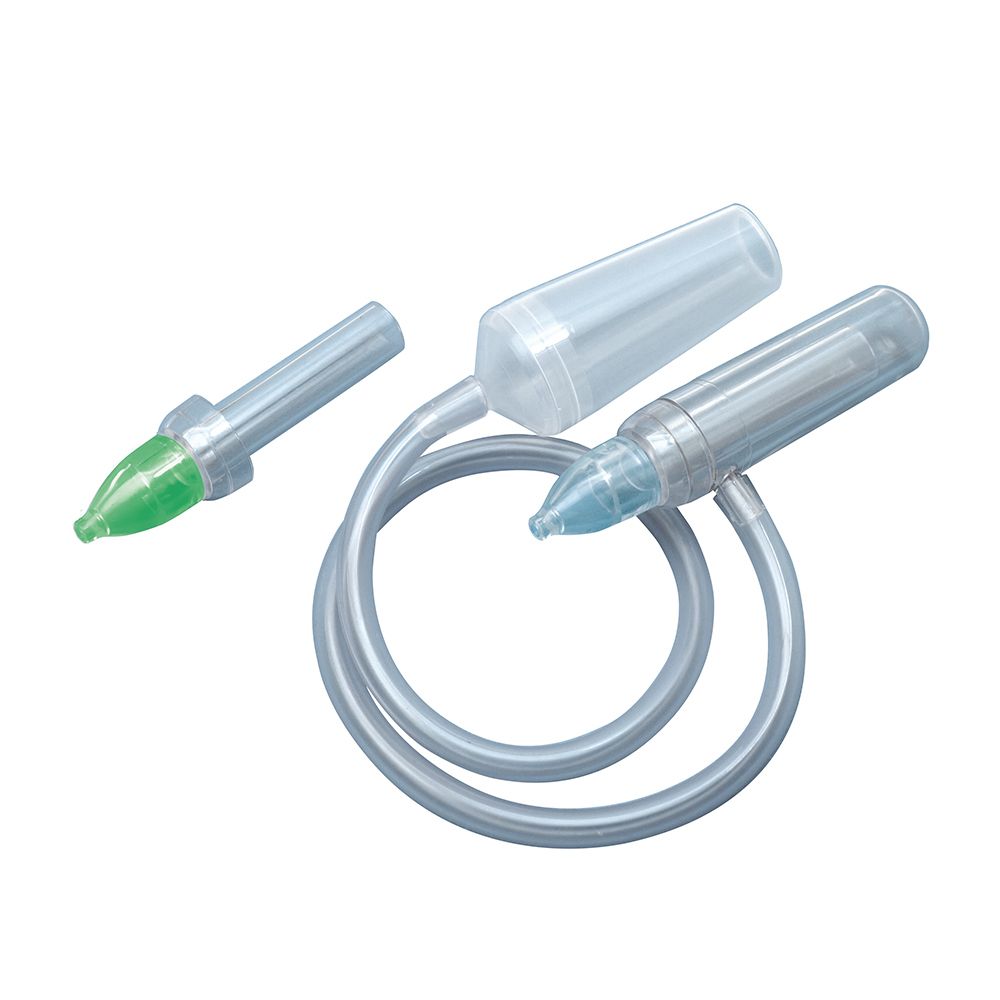 Aspirateur nasal avec deux embouts interchangeables. Pièces en plastique transparent et vert.