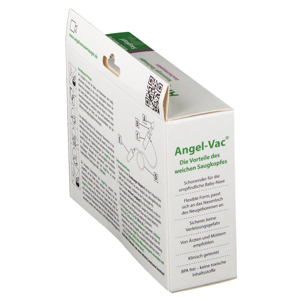 Dos de l'emballage de l'aspirateur nasal Angel-Vac. Texte et illustration du produit.