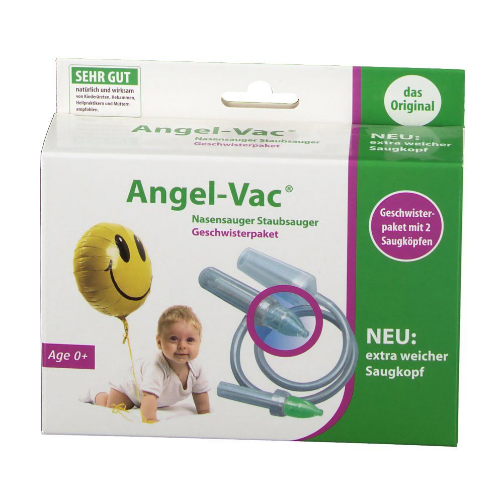 Emballage Angel-Vac Nasensauger Geschwister Paket. Deux embouts, illustration bébé, ballon jaune.