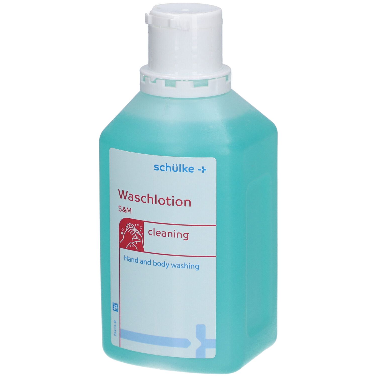 Flacon bleu turquoise avec bouchon blanc. Inscriptions: schülke, Waschlotion, S&M, cleaning, Hand and body washing.