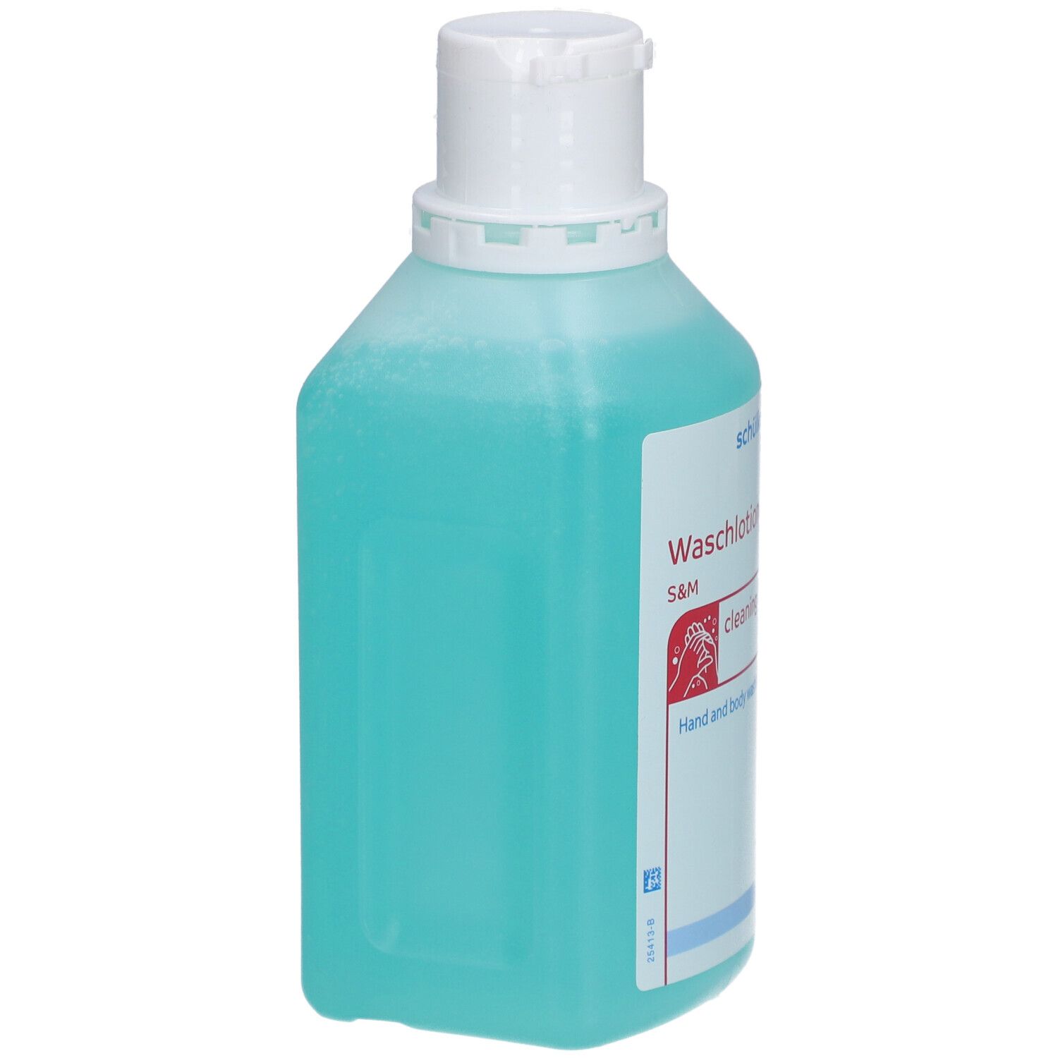 Flacon bleu turquoise avec bouchon blanc, vue latérale. Inscriptions: Waschlotion, S&M, cleaning, Hand and body washing.