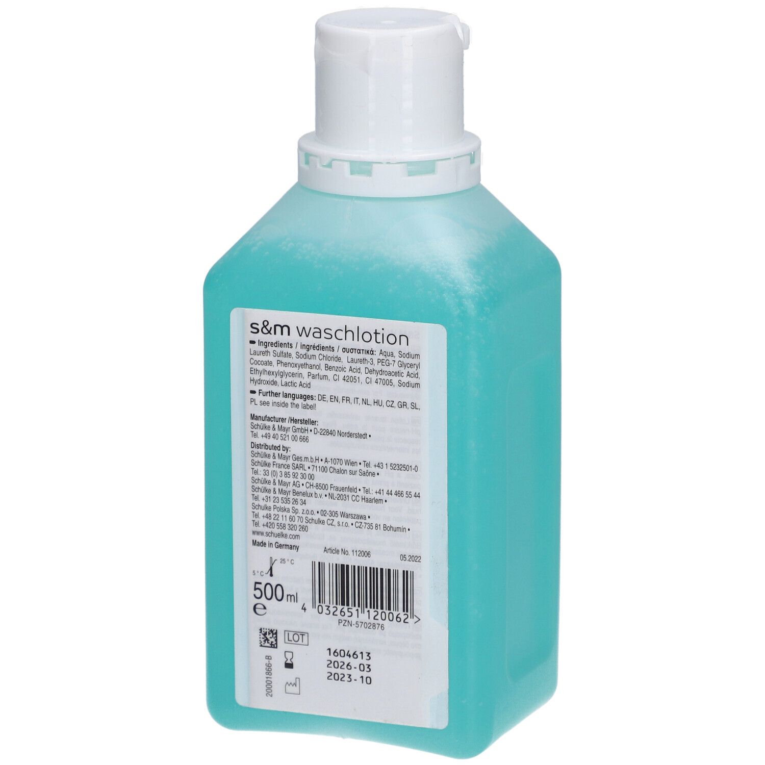 Flacon bleu turquoise avec bouchon blanc. Dos avec informations sur les ingrédients et le fabricant. 500 ml.