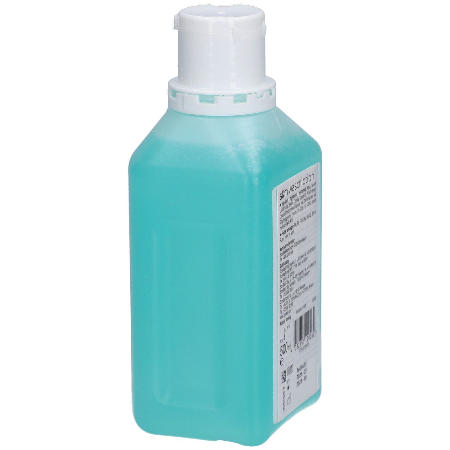 Flacon bleu turquoise avec bouchon blanc. Dos avec informations sur les ingrédients et le fabricant. 500 ml.