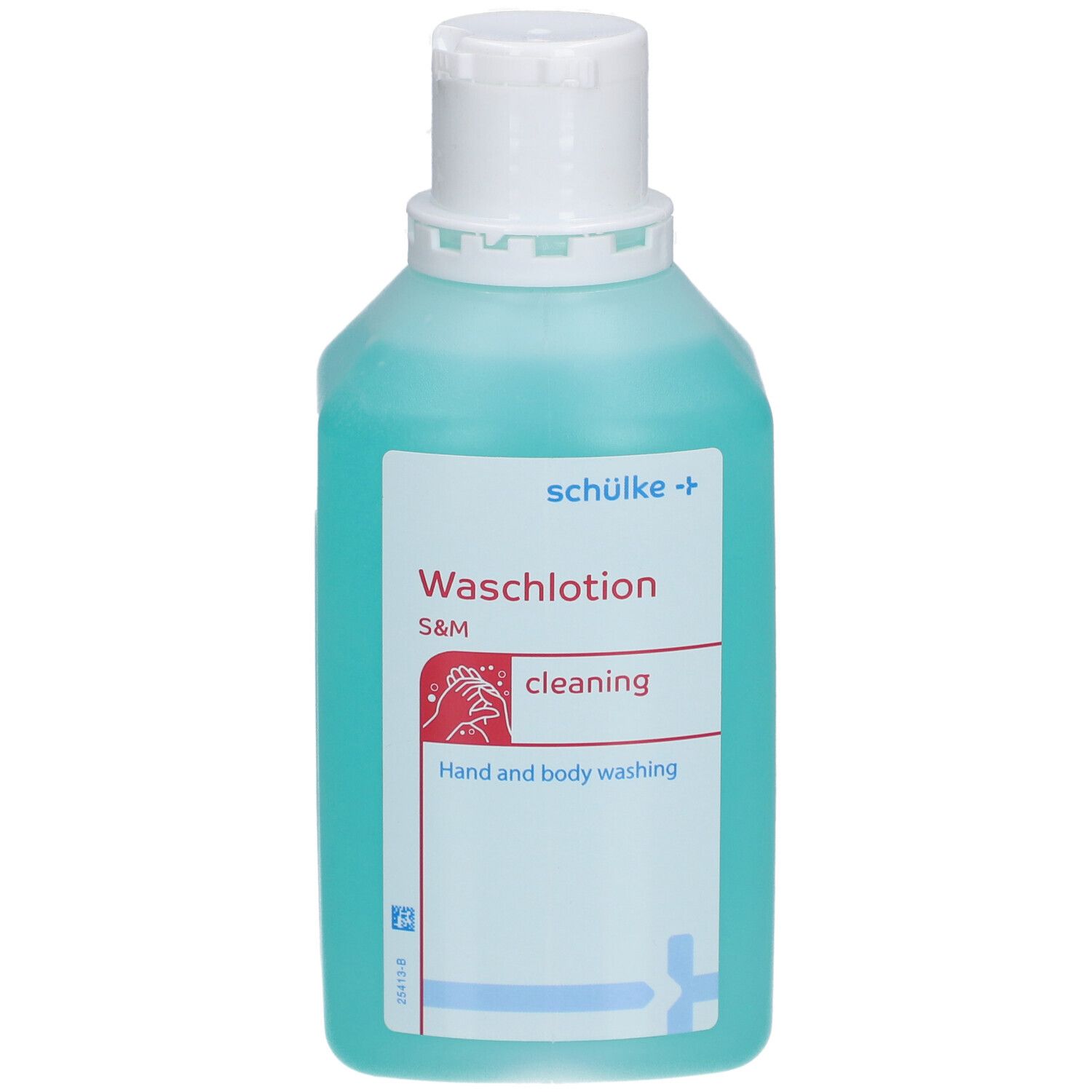 Flacon bleu turquoise avec bouchon blanc. Inscriptions: schülke, Waschlotion, S&M, cleaning, Hand and body washing.