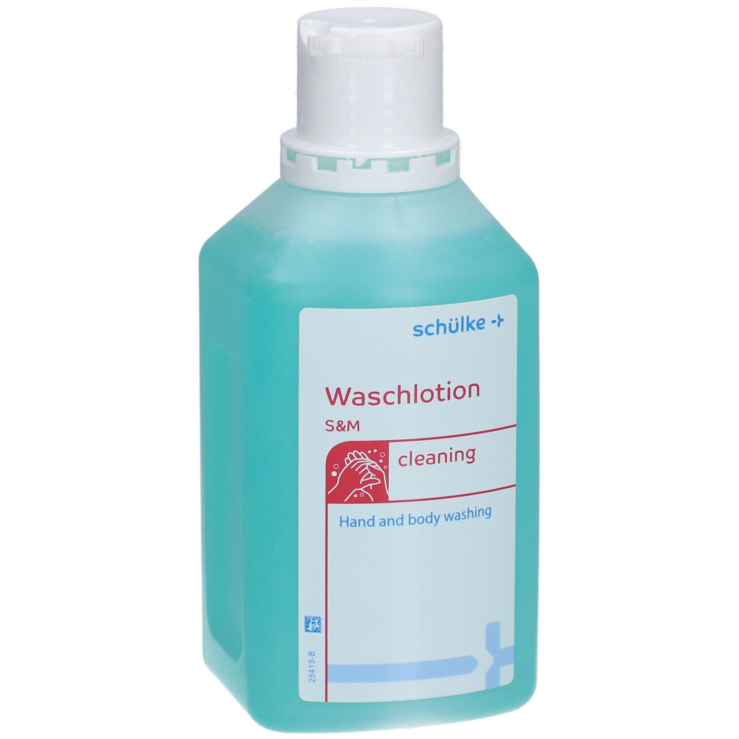 Flacon bleu turquoise avec bouchon blanc. Inscriptions: schülke, Waschlotion, S&M, cleaning, Hand and body washing.