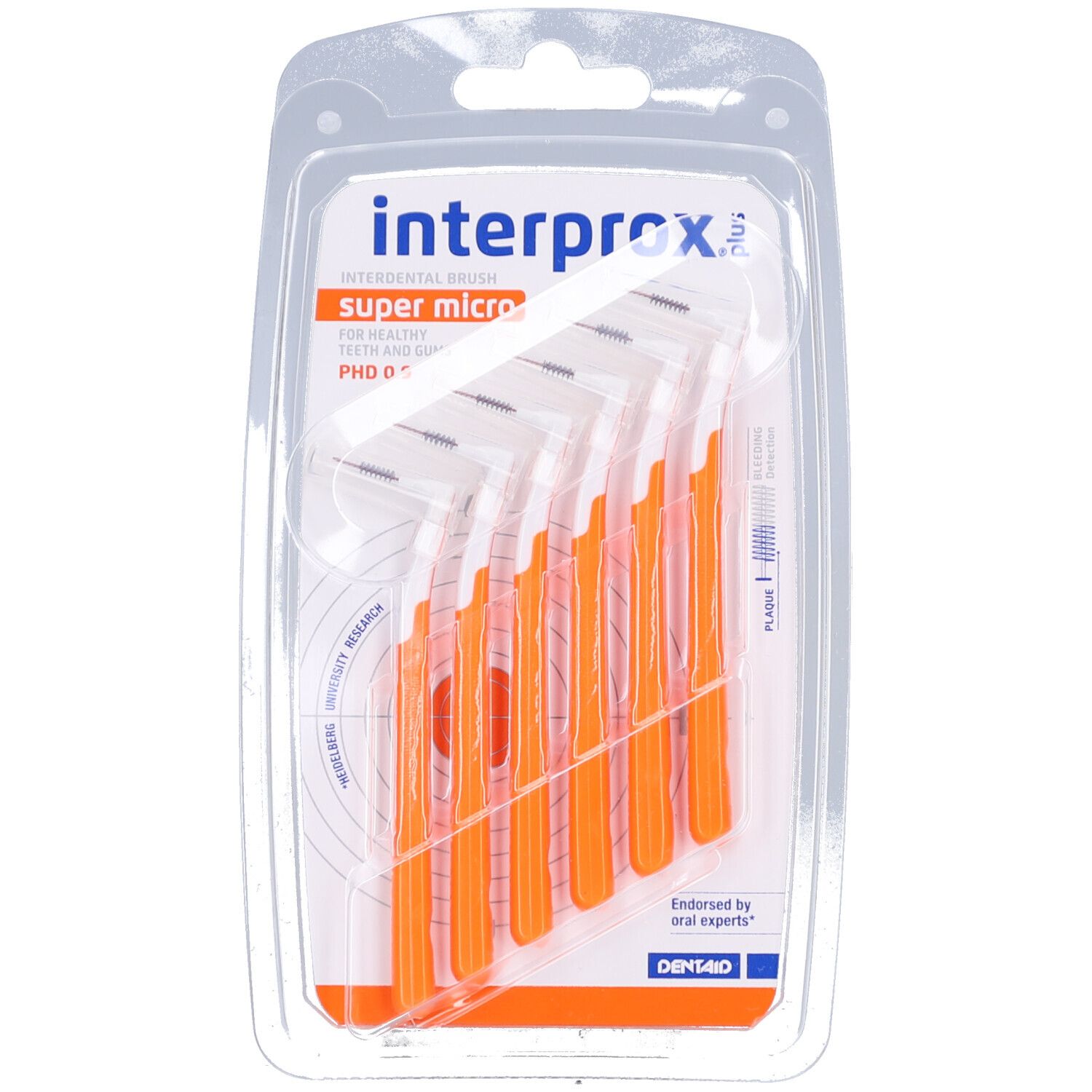 Blister de 6 brossettes interdentaires orange. Logo "interprox plus super micro". Tête 0,7 mm, angle 90°.