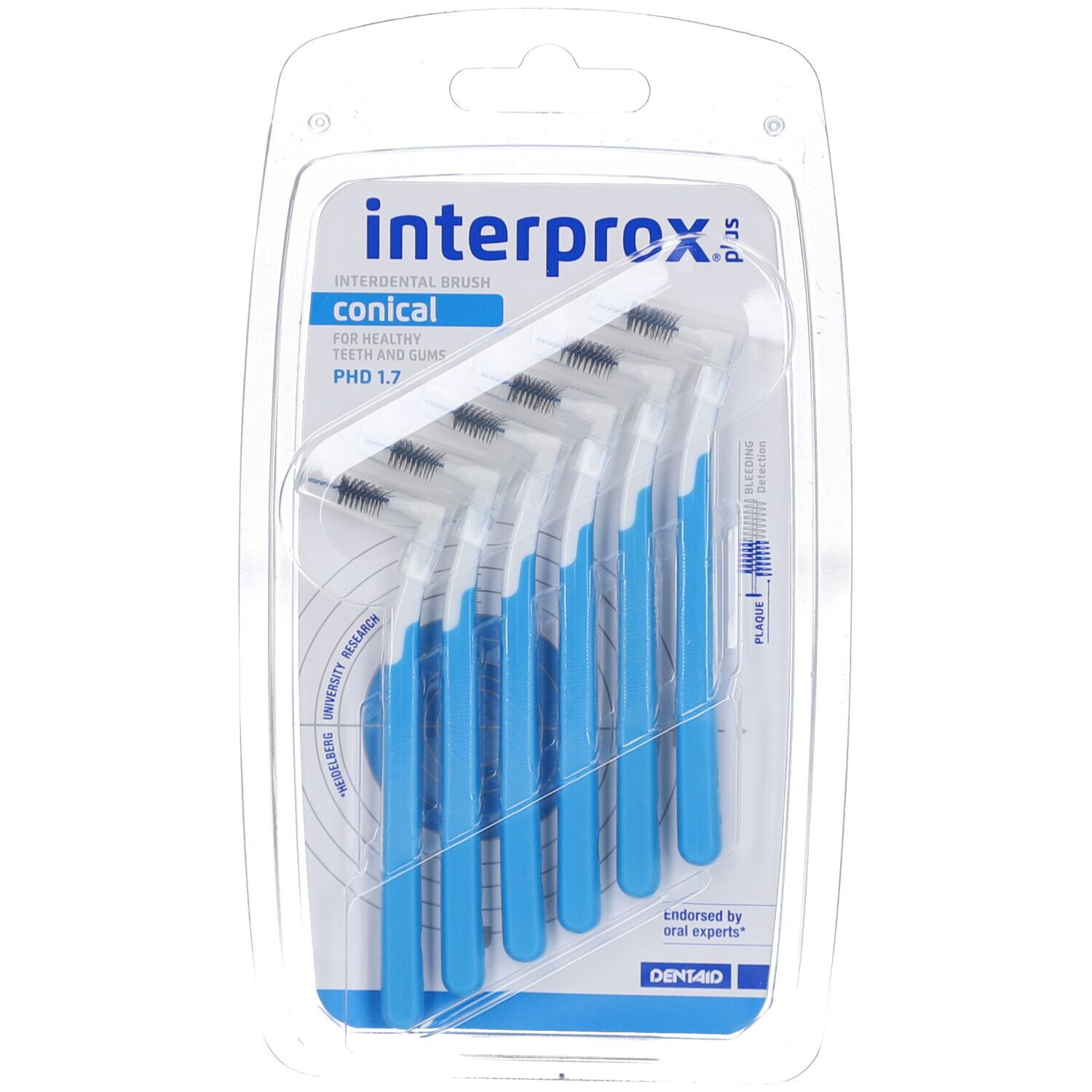 Blisterverpackung mit 6 blauen, konischen Interdentalbürsten. Aufdruck: interprox plus conical, 1,3 mm, 90°.