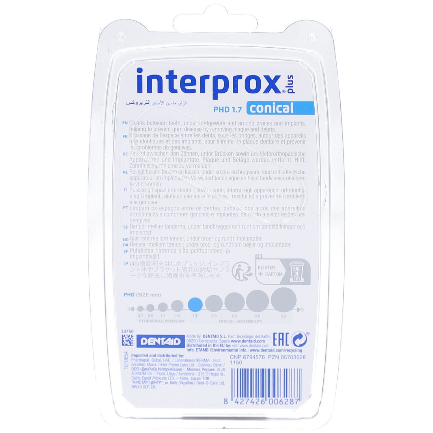 Rückseite der Blisterverpackung. Text in mehreren Sprachen: interprox plus conical. Tabellarische Größenangaben.