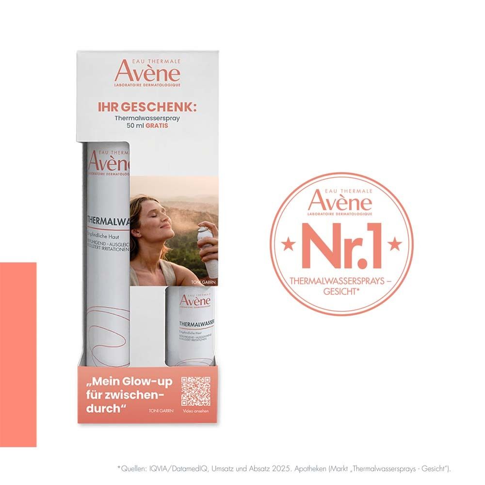 Coffret cadeau Avène Thermalwasser Spray. Contient une grande et une petite bouteille. Texte: N°1 Sprays d'eau thermale-Visage.