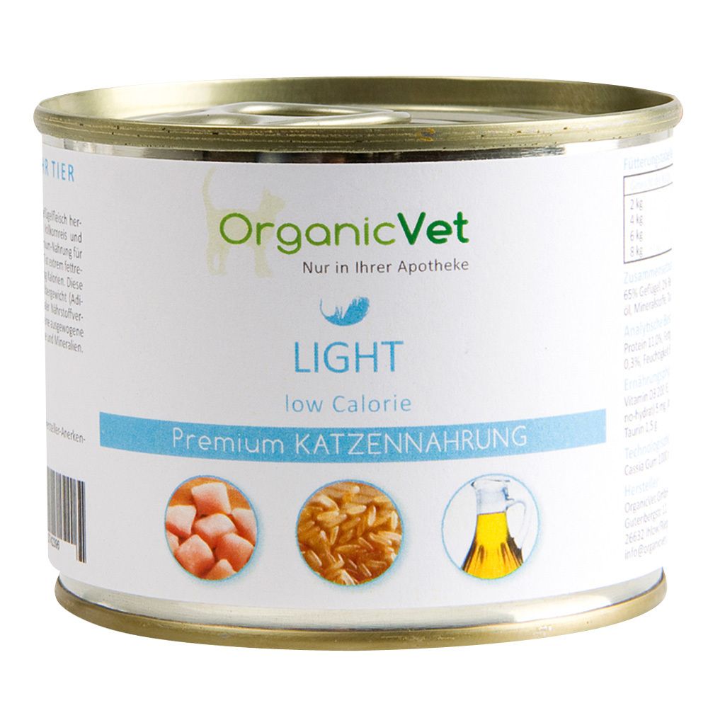 Metall-Dose mit Etikett. Aufschrift: OrganicVet LIGHT low Calorie Premium Katzennahrung. Abbildungen von Fleisch, Reis und Öl.