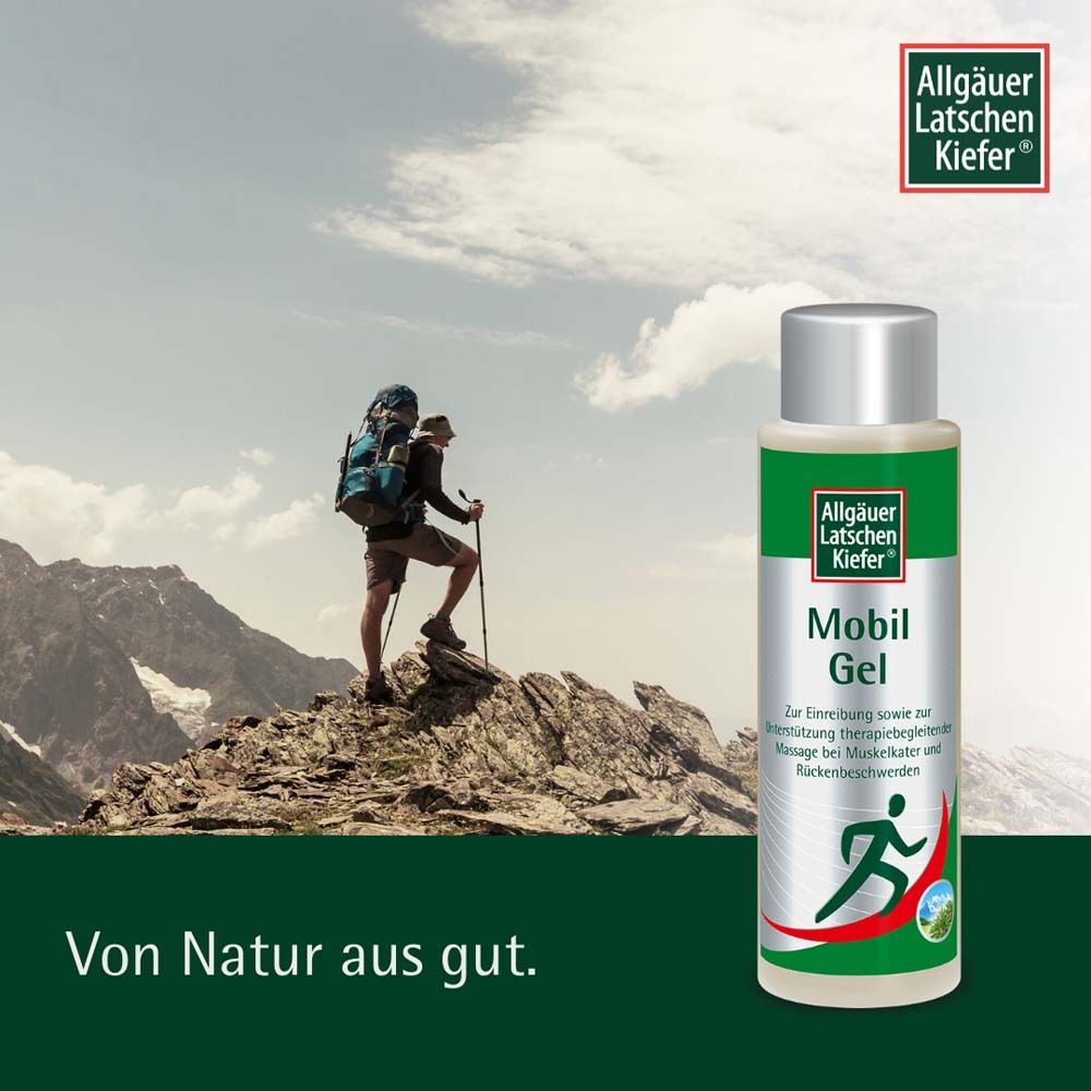 Produktflasche vor Bergpanorama. Logo: Allgäuer Latschenkiefer. Text: Von Natur aus gut.