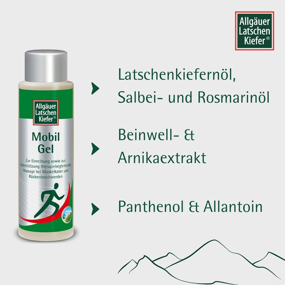 Produktflasche mit Inhaltsstoff-Angaben. Logo: Allgäuer Latschenkiefer. Inhaltsstoffe: Latschenkiefernöl, Salbei, Rosmarin.