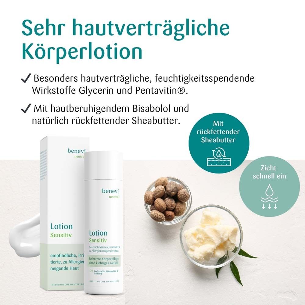 Lotion BENEVI NEUTRAL®, beurre de karité et ingrédients. Texte: Ingrédients hydratants. Absorption rapide.