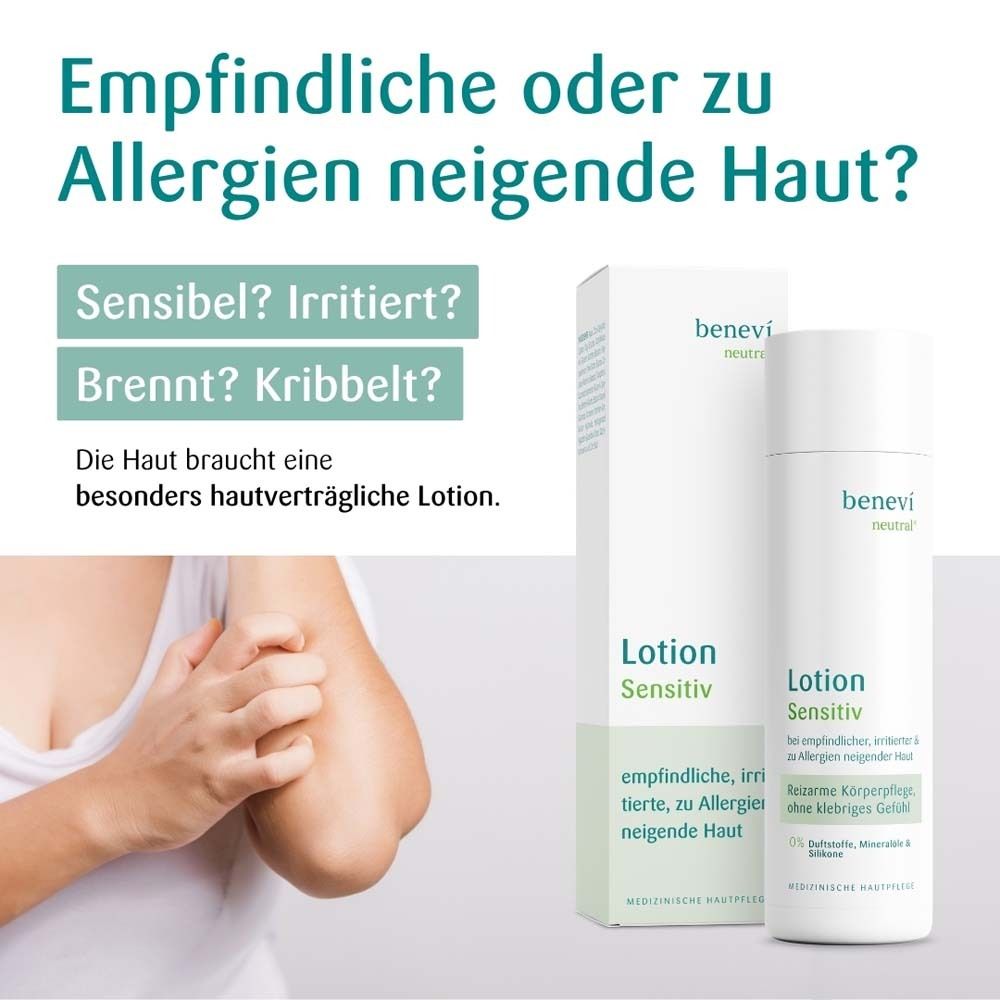 Lotion BENEVI NEUTRAL® et emballage. Texte: Peau sensible ou sujette aux allergies ? Lotion Sensitiv.