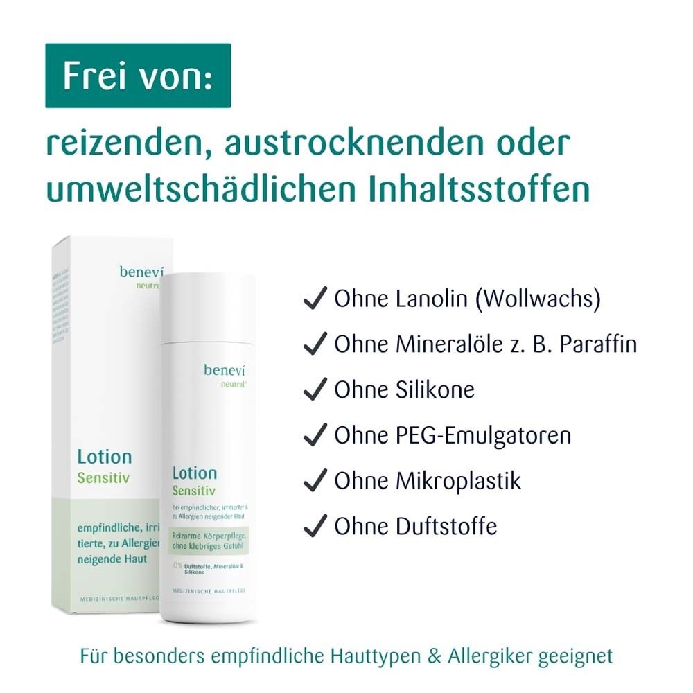 Lotion BENEVI NEUTRAL® et emballage. Texte: Sans ingrédients irritants. Convient aux peaux sensibles.