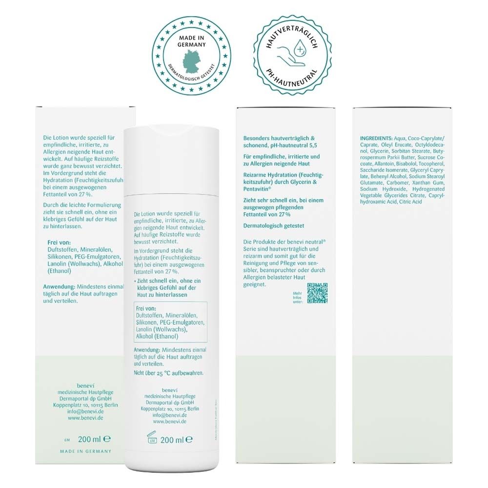 Trois vues de l'emballage de la lotion BENEVI NEUTRAL®. Texte: Ingrédients, utilisation, origine. Fabriqué en Allemagne.