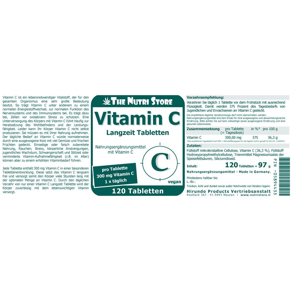 Vitamin C 300 mg Langzeit vegane Tabletten