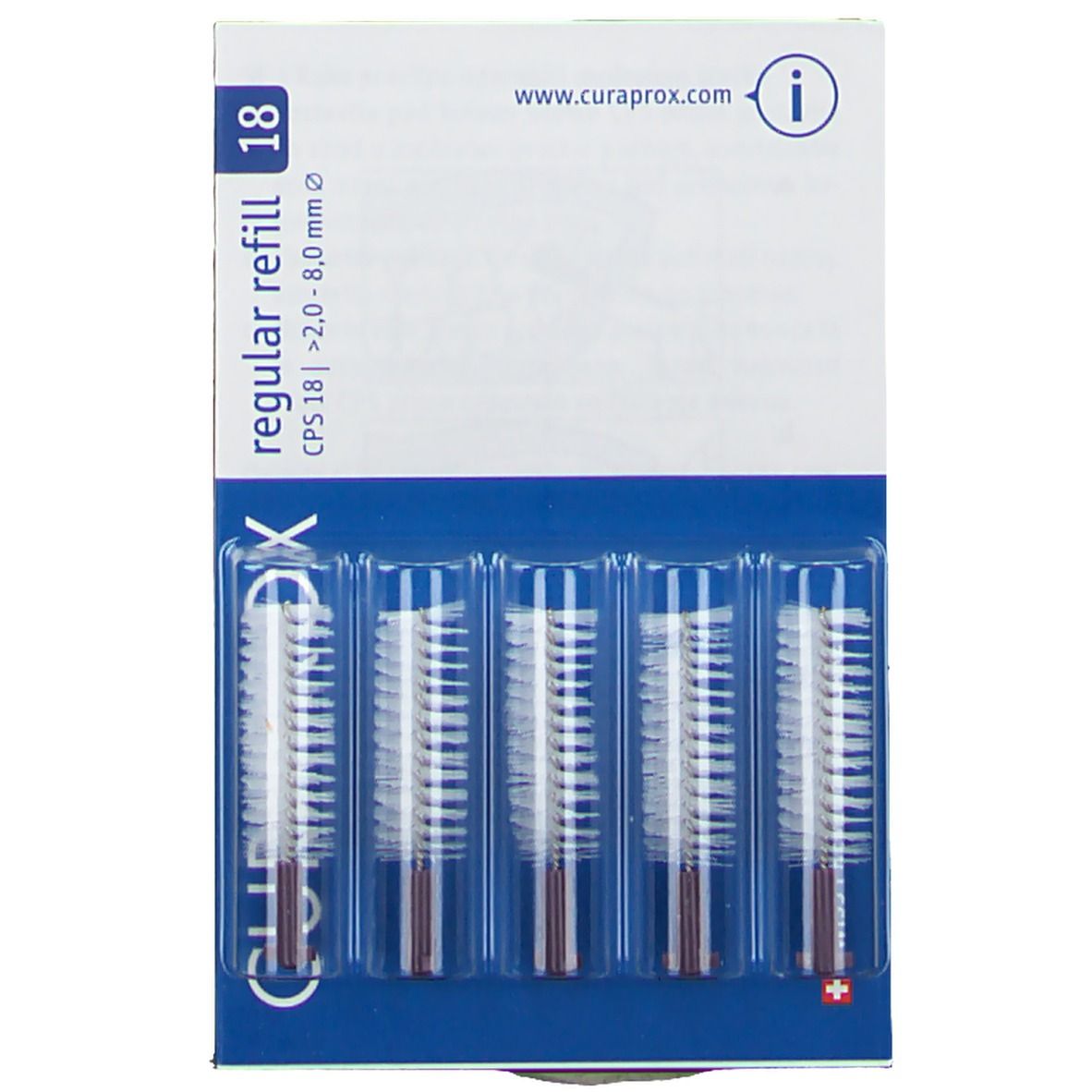 Interdentalbürsten-Nachfüllpackung. Fünf Bürsten mit weißen Borsten und braunen Haltern. Verpackung mit Produktbezeichnung.