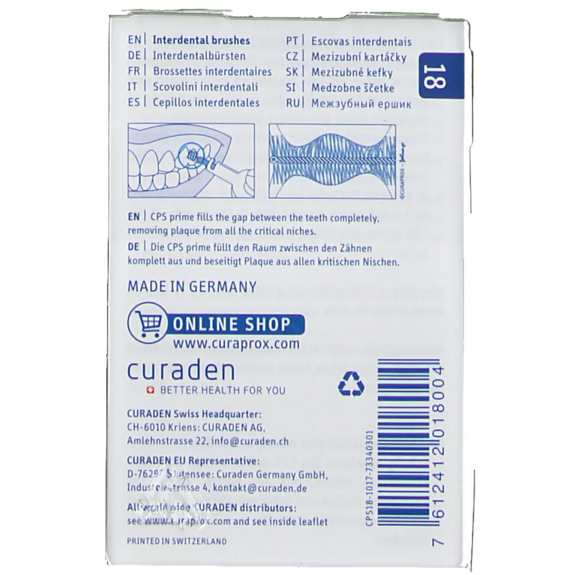 Rückseite der Verpackung mit Produktinformationen und Herstellerangaben. Text in mehreren Sprachen. Logo und Website-Adresse.